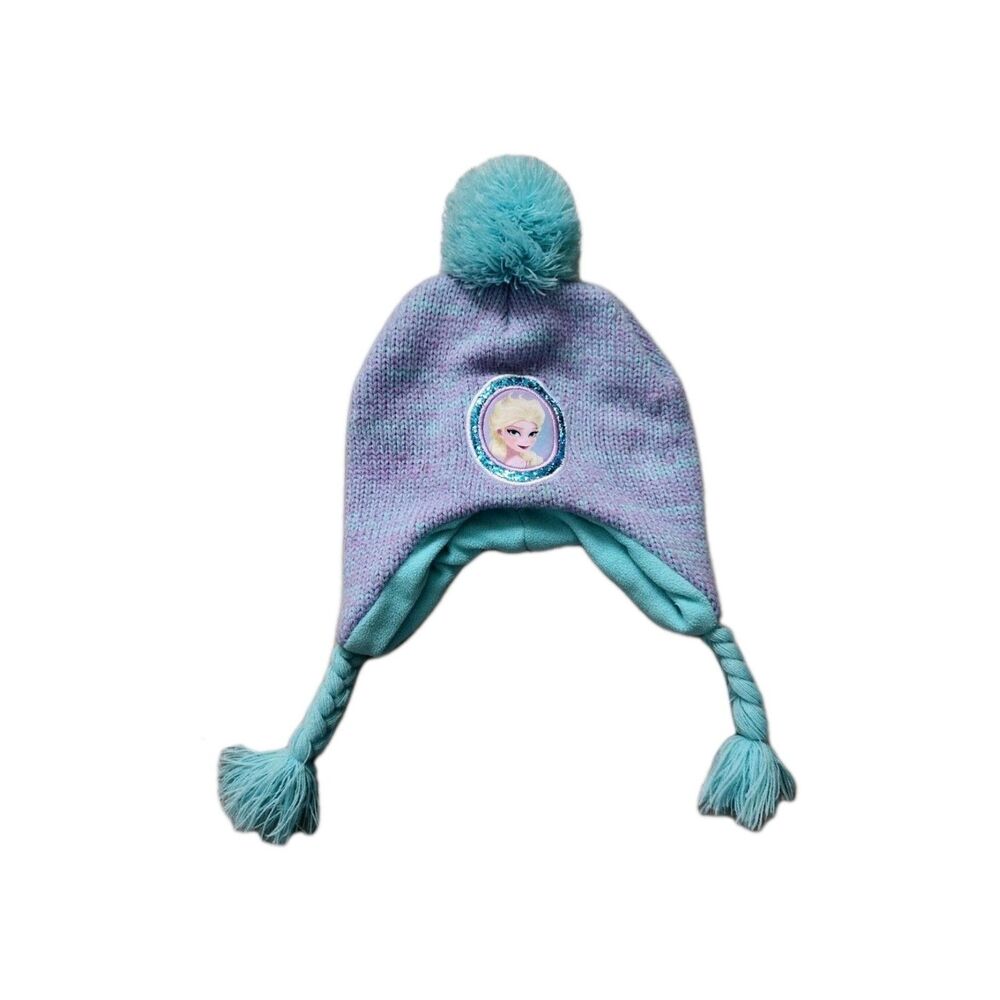 Disney Frozen Elsa Blue Purple Pom Tassel Beanie Fleece Knit Girls Sz 4-14 GUC